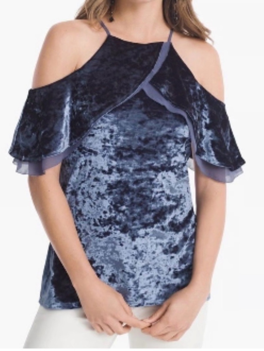 White House Black Market Womens Blue Crushed Velvet Cold Shoulder Top.